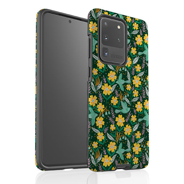 Samsung phone case-Sweet Birds Green By Lee Foster Wilson-Product Details Raised bevel to protect screen from scratches. Impact resistant polycarbonate shell and shock absorbing inner TPU liner. Secure fit with design wrapping around side of the case and full access to ports. Compatible with Qi-standard wireless charging. Thickness 1/8 inch (3mm), weight 30g. Compatibility See drop down menu for options, please select the right case as we print to order.-Stringberry