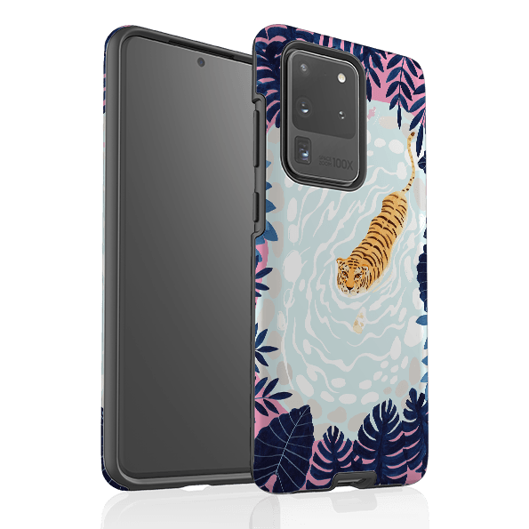 Samsung phone case-Swimming Tiger By Bex Parkin-Product Details Raised bevel to protect screen from scratches. Impact resistant polycarbonate shell and shock absorbing inner TPU liner. Secure fit with design wrapping around side of the case and full access to ports. Compatible with Qi-standard wireless charging. Thickness 1/8 inch (3mm), weight 30g. Compatibility See drop down menu for options, please select the right case as we print to order.-Stringberry