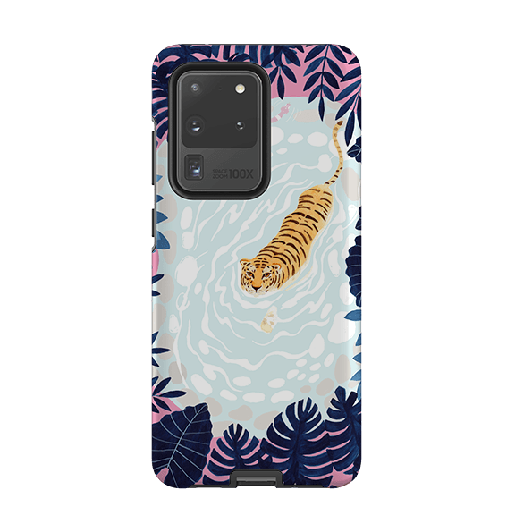 Samsung phone case-Swimming Tiger By Bex Parkin-Product Details Raised bevel to protect screen from scratches. Impact resistant polycarbonate shell and shock absorbing inner TPU liner. Secure fit with design wrapping around side of the case and full access to ports. Compatible with Qi-standard wireless charging. Thickness 1/8 inch (3mm), weight 30g. Compatibility See drop down menu for options, please select the right case as we print to order.-Stringberry