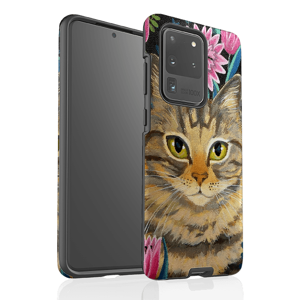 Samsung phone case-Tabby Cat By Mary Stubberfield-Product Details Raised bevel to protect screen from scratches. Impact resistant polycarbonate shell and shock absorbing inner TPU liner. Secure fit with design wrapping around side of the case and full access to ports. Compatible with Qi-standard wireless charging. Thickness 1/8 inch (3mm), weight 30g. Compatibility See drop down menu for options, please select the right case as we print to order.-Stringberry