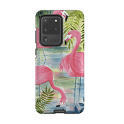 Samsung phone case-Three Flamingo By Bex Parkin-Product Details Raised bevel to protect screen from scratches. Impact resistant polycarbonate shell and shock absorbing inner TPU liner. Secure fit with design wrapping around side of the case and full access to ports. Compatible with Qi-standard wireless charging. Thickness 1/8 inch (3mm), weight 30g. Compatibility See drop down menu for options, please select the right case as we print to order.-Stringberry