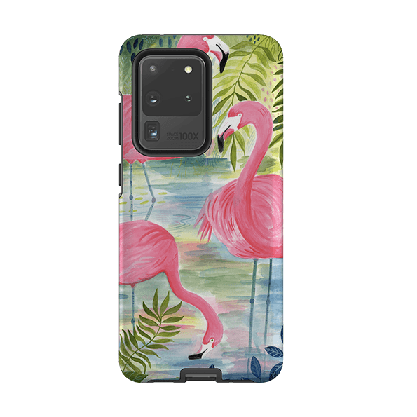 Samsung phone case-Three Flamingo By Bex Parkin-Product Details Raised bevel to protect screen from scratches. Impact resistant polycarbonate shell and shock absorbing inner TPU liner. Secure fit with design wrapping around side of the case and full access to ports. Compatible with Qi-standard wireless charging. Thickness 1/8 inch (3mm), weight 30g. Compatibility See drop down menu for options, please select the right case as we print to order.-Stringberry