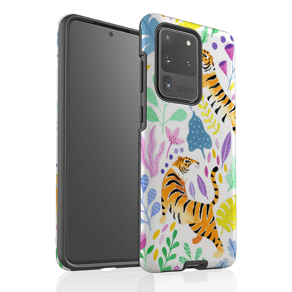 Samsung phone case-Tigers And Flowers By Bex Parkin-Product Details Raised bevel to protect screen from scratches. Impact resistant polycarbonate shell and shock absorbing inner TPU liner. Secure fit with design wrapping around side of the case and full access to ports. Compatible with Qi-standard wireless charging. Thickness 1/8 inch (3mm), weight 30g. Compatibility See drop down menu for options, please select the right case as we print to order.-Stringberry