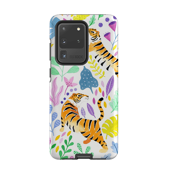 Samsung phone case-Tigers And Flowers By Bex Parkin-Product Details Raised bevel to protect screen from scratches. Impact resistant polycarbonate shell and shock absorbing inner TPU liner. Secure fit with design wrapping around side of the case and full access to ports. Compatible with Qi-standard wireless charging. Thickness 1/8 inch (3mm), weight 30g. Compatibility See drop down menu for options, please select the right case as we print to order.-Stringberry