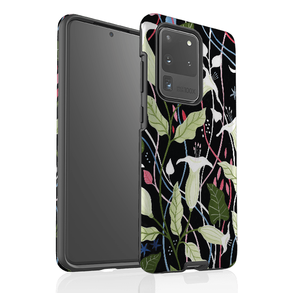Samsung phone case-Trumpet Flowers By Bex Parkin-Product Details Raised bevel to protect screen from scratches. Impact resistant polycarbonate shell and shock absorbing inner TPU liner. Secure fit with design wrapping around side of the case and full access to ports. Compatible with Qi-standard wireless charging. Thickness 1/8 inch (3mm), weight 30g. Compatibility See drop down menu for options, please select the right case as we print to order.-Stringberry