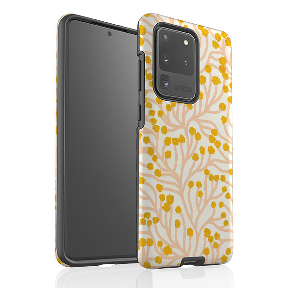 Samsung phone case-Vine Pink and Ochre By Katherine Quinn-Product Details Raised bevel to protect screen from scratches. Impact resistant polycarbonate shell and shock absorbing inner TPU liner. Secure fit with design wrapping around side of the case and full access to ports. Compatible with Qi-standard wireless charging. Thickness 1/8 inch (3mm), weight 30g. Compatibility See drop down menu for options, please select the right case as we print to order.-Stringberry