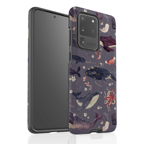 Samsung phone case-Whale Song Lavender By Katherine Quinn-Product Details Raised bevel to protect screen from scratches. Impact resistant polycarbonate shell and shock absorbing inner TPU liner. Secure fit with design wrapping around side of the case and full access to ports. Compatible with Qi-standard wireless charging. Thickness 1/8 inch (3mm), weight 30g. Compatibility See drop down menu for options, please select the right case as we print to order.-Stringberry