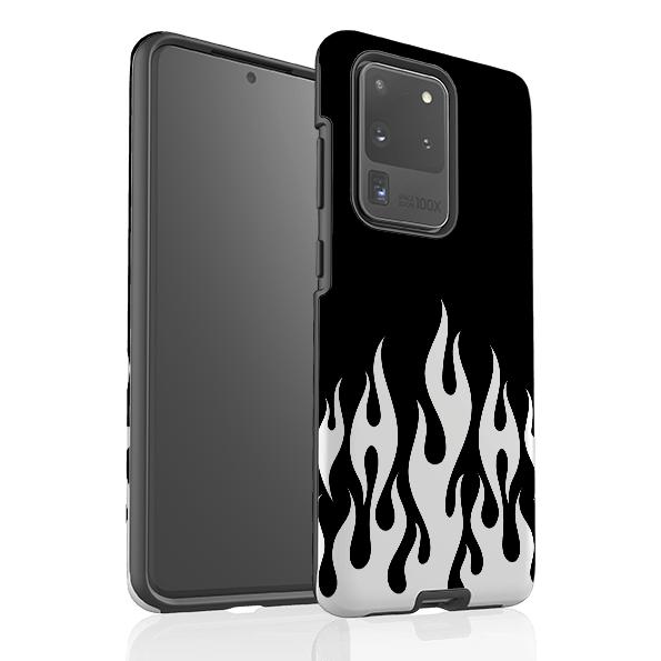 Samsung phone case-White Flames-Product Details Raised bevel to protect screen from scratches. Impact resistant polycarbonate shell and shock absorbing inner TPU liner. Secure fit with design wrapping around side of the case and full access to ports. Compatible with Qi-standard wireless charging. Thickness 1/8 inch (3mm), weight 30g. Compatibility See drop down menu for options, please select the right case as we print to order.-Stringberry