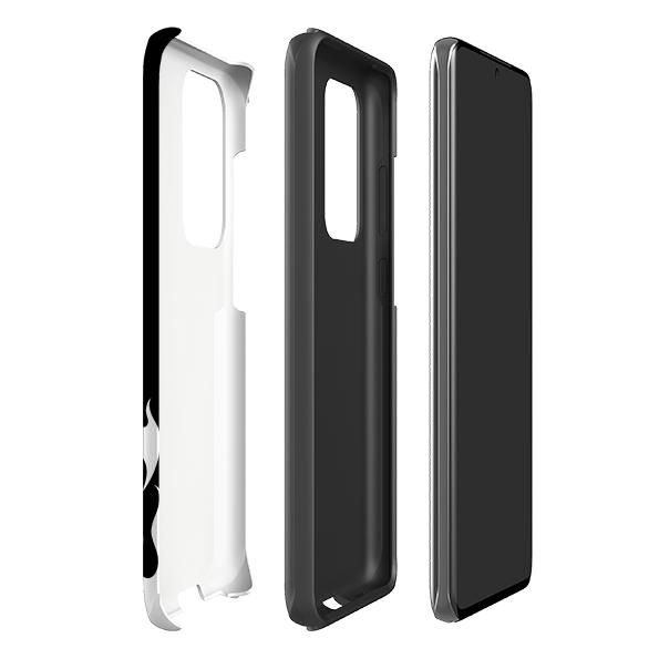 Samsung phone case-White Flames-Product Details Raised bevel to protect screen from scratches. Impact resistant polycarbonate shell and shock absorbing inner TPU liner. Secure fit with design wrapping around side of the case and full access to ports. Compatible with Qi-standard wireless charging. Thickness 1/8 inch (3mm), weight 30g. Compatibility See drop down menu for options, please select the right case as we print to order.-Stringberry