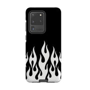 Samsung phone case-White Flames-Product Details Raised bevel to protect screen from scratches. Impact resistant polycarbonate shell and shock absorbing inner TPU liner. Secure fit with design wrapping around side of the case and full access to ports. Compatible with Qi-standard wireless charging. Thickness 1/8 inch (3mm), weight 30g. Compatibility See drop down menu for options, please select the right case as we print to order.-Stringberry