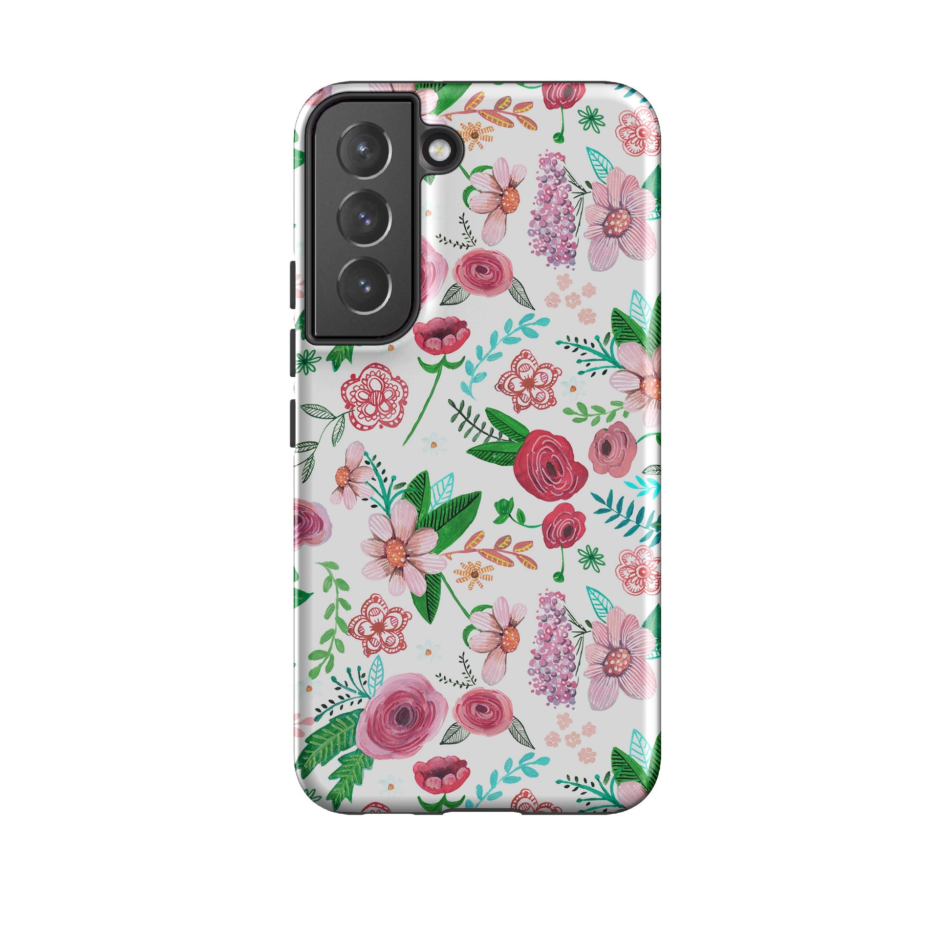 Samsung phone case-White Floral By Caroline Bonne Muller-Product Details Raised bevel to protect screen from scratches. Impact resistant polycarbonate shell and shock absorbing inner TPU liner. Secure fit with design wrapping around side of the case and full access to ports. Compatible with Qi-standard wireless charging. Thickness 1/8 inch (3mm), weight 30g. Compatibility See drop down menu for options, please select the right case as we print to order.-Stringberry