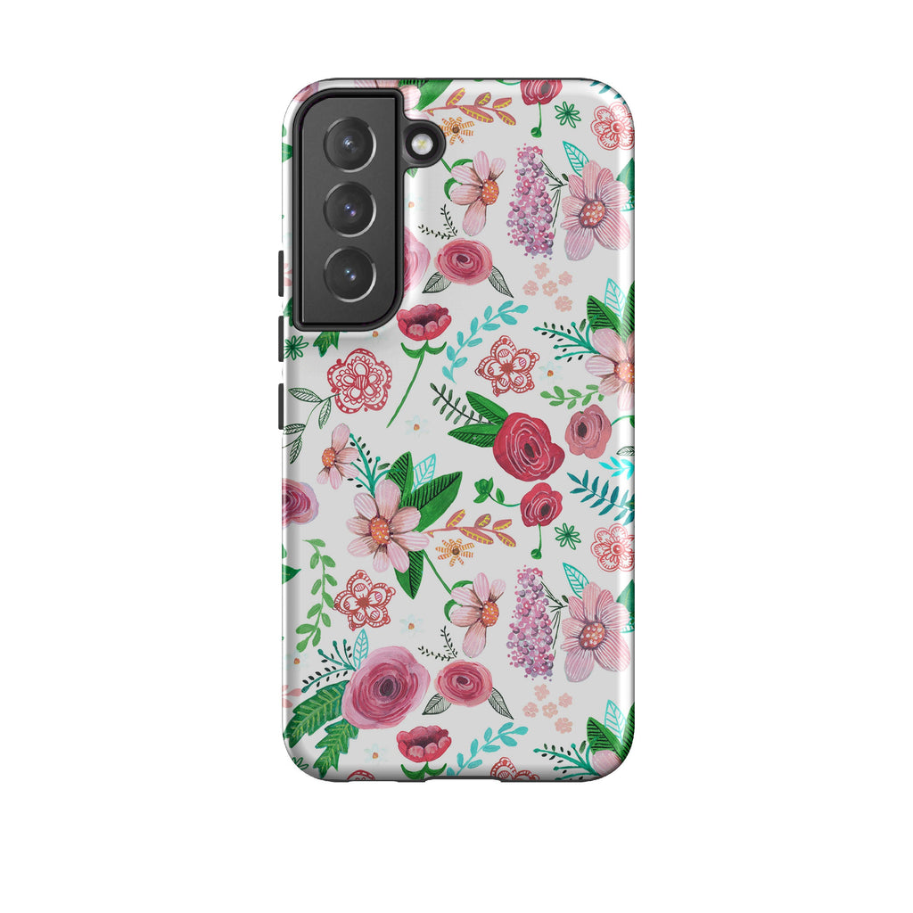 Samsung phone case-White Floral By Caroline Bonne Muller-Product Details Raised bevel to protect screen from scratches. Impact resistant polycarbonate shell and shock absorbing inner TPU liner. Secure fit with design wrapping around side of the case and full access to ports. Compatible with Qi-standard wireless charging. Thickness 1/8 inch (3mm), weight 30g. Compatibility See drop down menu for options, please select the right case as we print to order.-Stringberry