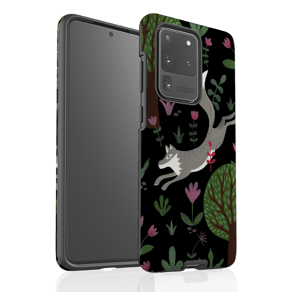 Samsung phone case-Wolf In Trees By Bex Parkin-Product Details Raised bevel to protect screen from scratches. Impact resistant polycarbonate shell and shock absorbing inner TPU liner. Secure fit with design wrapping around side of the case and full access to ports. Compatible with Qi-standard wireless charging. Thickness 1/8 inch (3mm), weight 30g. Compatibility See drop down menu for options, please select the right case as we print to order.-Stringberry