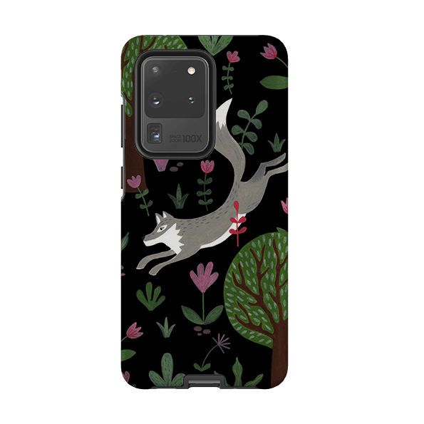 Samsung phone case-Wolf In Trees By Bex Parkin-Product Details Raised bevel to protect screen from scratches. Impact resistant polycarbonate shell and shock absorbing inner TPU liner. Secure fit with design wrapping around side of the case and full access to ports. Compatible with Qi-standard wireless charging. Thickness 1/8 inch (3mm), weight 30g. Compatibility See drop down menu for options, please select the right case as we print to order.-Stringberry
