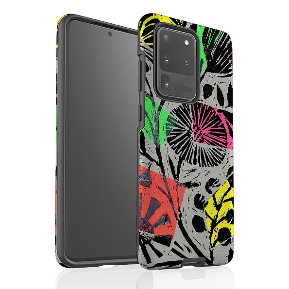 Samsung phone case-Woodcut Floral By Sarah Campbell-Product Details Raised bevel to protect screen from scratches. Impact resistant polycarbonate shell and shock absorbing inner TPU liner. Secure fit with design wrapping around side of the case and full access to ports. Compatible with Qi-standard wireless charging. Thickness 1/8 inch (3mm), weight 30g. Compatibility See drop down menu for options, please select the right case as we print to order.-Stringberry