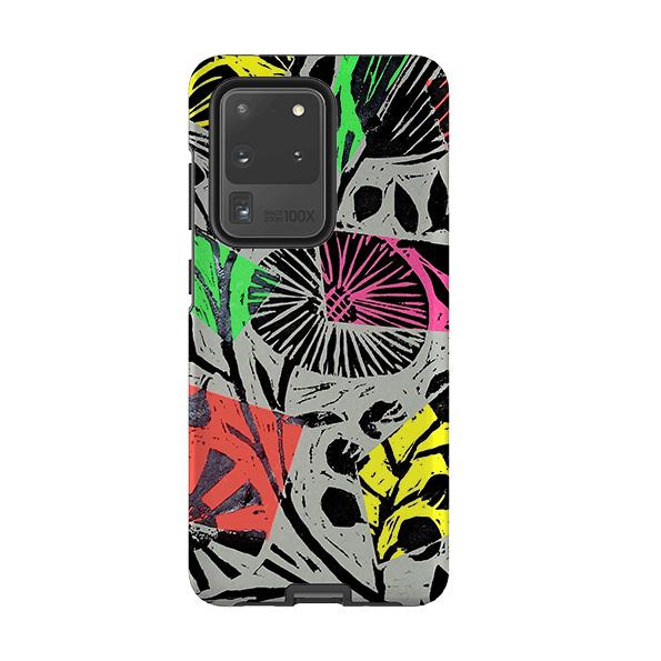 Samsung phone case-Woodcut Floral By Sarah Campbell-Product Details Raised bevel to protect screen from scratches. Impact resistant polycarbonate shell and shock absorbing inner TPU liner. Secure fit with design wrapping around side of the case and full access to ports. Compatible with Qi-standard wireless charging. Thickness 1/8 inch (3mm), weight 30g. Compatibility See drop down menu for options, please select the right case as we print to order.-Stringberry