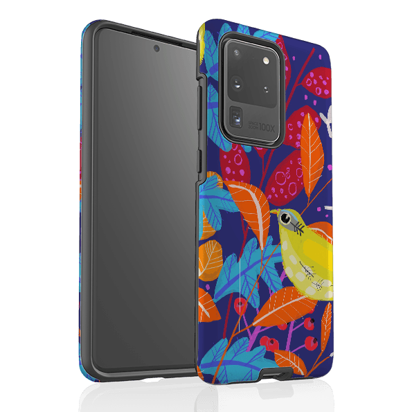 Samsung phone case-Yellow Bird By Claire West-Product Details Raised bevel to protect screen from scratches. Impact resistant polycarbonate shell and shock absorbing inner TPU liner. Secure fit with design wrapping around side of the case and full access to ports. Compatible with Qi-standard wireless charging. Thickness 1/8 inch (3mm), weight 30g. Compatibility See drop down menu for options, please select the right case as we print to order.-Stringberry