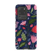 Samsung phone case-Flowers On Blue By Bex Parkin-Product Details Raised bevel to protect screen from scratches. Impact resistant polycarbonate shell and shock absorbing inner TPU liner. Secure fit with design wrapping around side of the case and full access to ports. Compatible with Qi-standard wireless charging. Thickness 1/8 inch (3mm), weight 30g. Compatibility See drop down menu for options, please select the right case as we print to order.-Stringberry