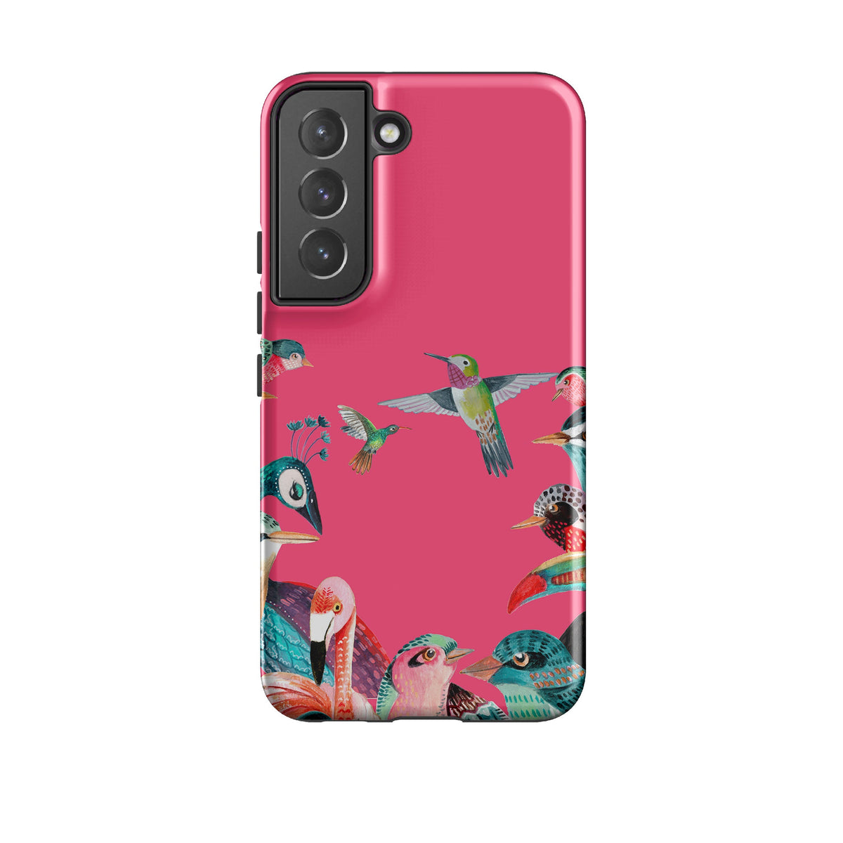 Samsung phone case-Pink Birds By Caroline Bonne Muller-Product Details Raised bevel to protect screen from scratches. Impact resistant polycarbonate shell and shock absorbing inner TPU liner. Secure fit with design wrapping around side of the case and full access to ports. Compatible with Qi-standard wireless charging. Thickness 1/8 inch (3mm), weight 30g. Compatibility See drop down menu for options, please select the right case as we print to order.-Stringberry