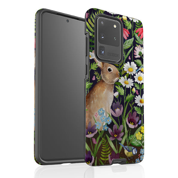 Samsung phone case-Rabbit And Wildflowers By Bex Parkin-Product Details Raised bevel to protect screen from scratches. Impact resistant polycarbonate shell and shock absorbing inner TPU liner. Secure fit with design wrapping around side of the case and full access to ports. Compatible with Qi-standard wireless charging. Thickness 1/8 inch (3mm), weight 30g. Compatibility See drop down menu for options, please select the right case as we print to order.-Stringberry