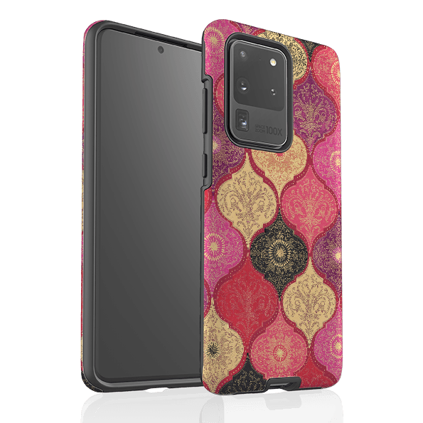 Samsung phone case-Red Damask By Jehane-Product Details Raised bevel to protect screen from scratches. Impact resistant polycarbonate shell and shock absorbing inner TPU liner. Secure fit with design wrapping around side of the case and full access to ports. Compatible with Qi-standard wireless charging. Thickness 1/8 inch (3mm), weight 30g. Compatibility See drop down menu for options, please select the right case as we print to order.-Stringberry