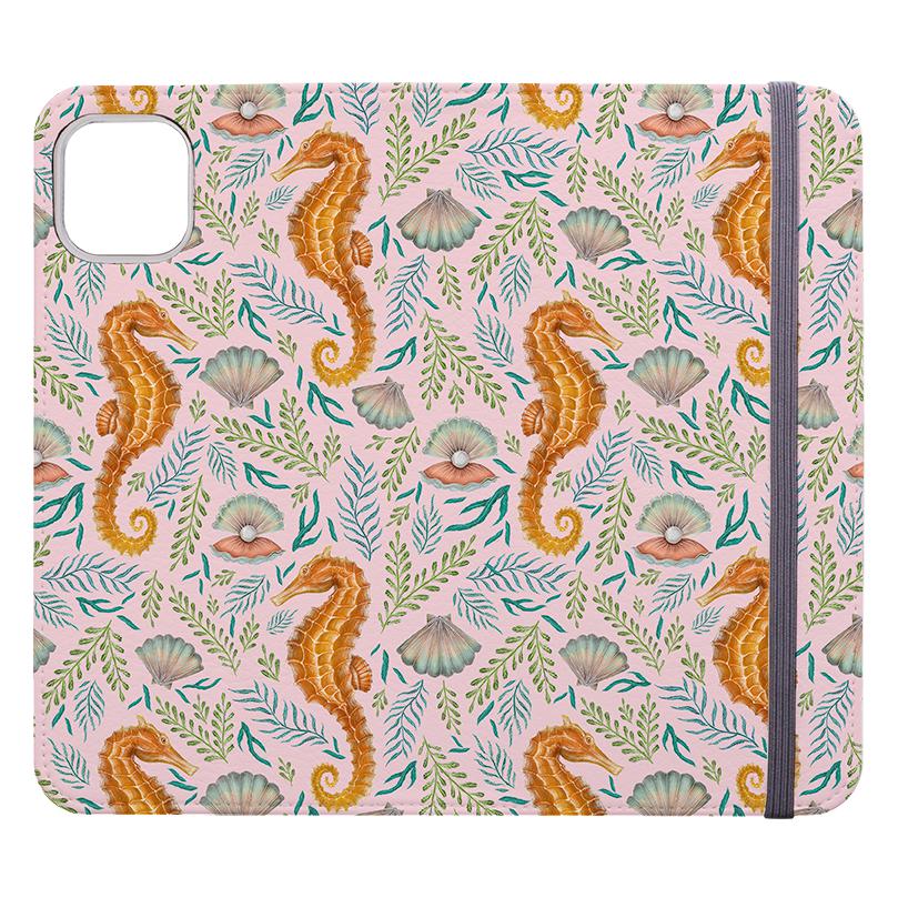 Wallet phone case-Seahorse Pink By Catherine Rowe-Vegan Leather Wallet Case Vegan leather. 3 slots for cards Fully printed exterior. Compatibility See drop down menu for options, please select the right case as we print to order.-Stringberry