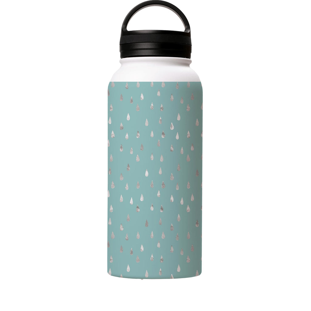 Water Bottles-Silver Drops Green Insulated Stainless Steel Water Bottle-32oz (945ml)-handle cap-Insulated Steel Water Bottle Our insulated stainless steel bottle comes in 3 sizes- Small 12oz (350ml), Medium 18oz (530ml) and Large 32oz (945ml) . It comes with a leak proof cap Keeps water cool for 24 hours Also keeps things warm for up to 12 hours Choice of 3 lids ( Sport Cap, Handle Cap, Flip Cap ) for easy carrying Dishwasher Friendly Lightweight, durable and easy to carry Reusable, so it's safe