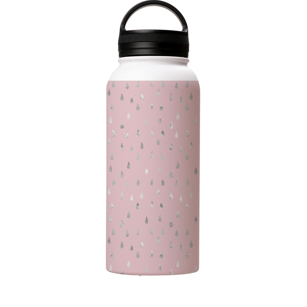 Water Bottles-Silver Drops Pink Insulated Stainless Steel Water Bottle-32oz (945ml)-handle cap-Insulated Steel Water Bottle Our insulated stainless steel bottle comes in 3 sizes- Small 12oz (350ml), Medium 18oz (530ml) and Large 32oz (945ml) . It comes with a leak proof cap Keeps water cool for 24 hours Also keeps things warm for up to 12 hours Choice of 3 lids ( Sport Cap, Handle Cap, Flip Cap ) for easy carrying Dishwasher Friendly Lightweight, durable and easy to carry Reusable, so it's safe 