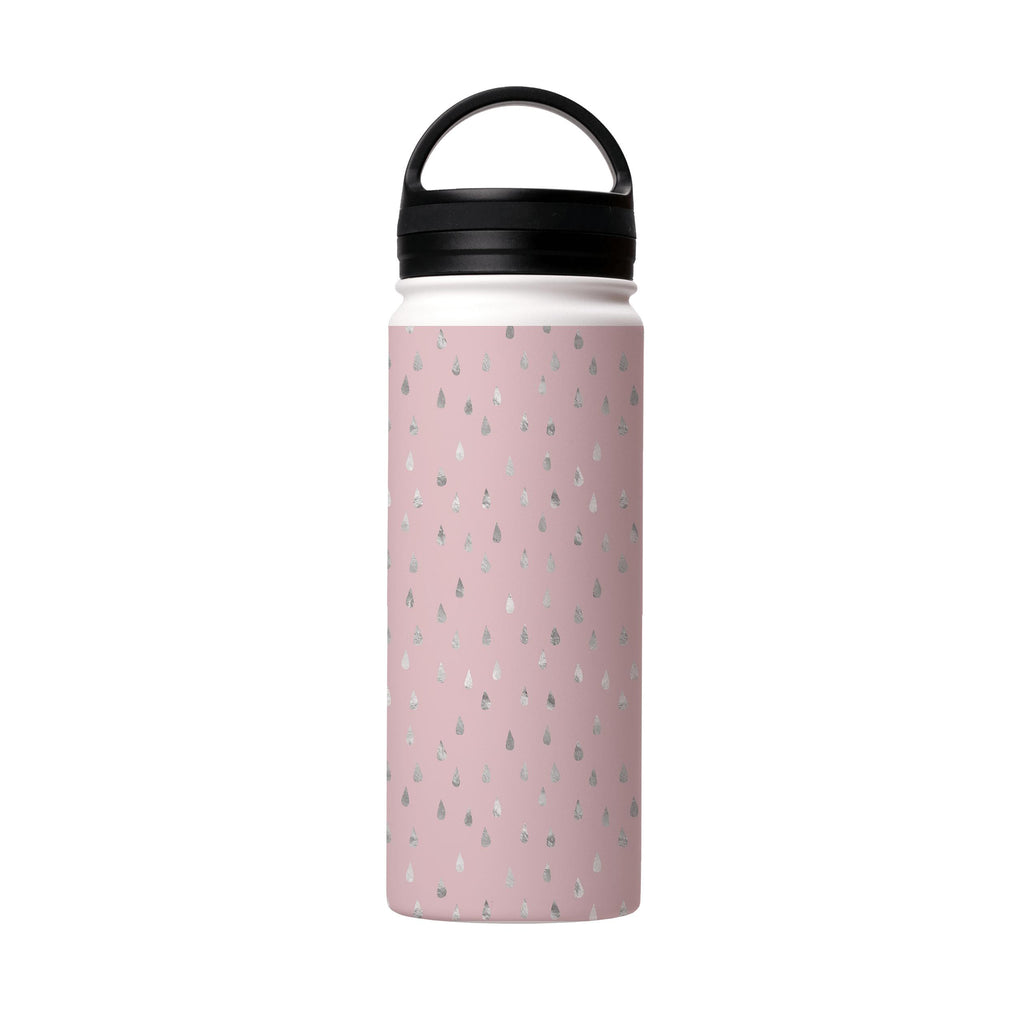 Water Bottles-Silver Drops Pink Insulated Stainless Steel Water Bottle-18oz (530ml)-handle cap-Insulated Steel Water Bottle Our insulated stainless steel bottle comes in 3 sizes- Small 12oz (350ml), Medium 18oz (530ml) and Large 32oz (945ml) . It comes with a leak proof cap Keeps water cool for 24 hours Also keeps things warm for up to 12 hours Choice of 3 lids ( Sport Cap, Handle Cap, Flip Cap ) for easy carrying Dishwasher Friendly Lightweight, durable and easy to carry Reusable, so it's safe 