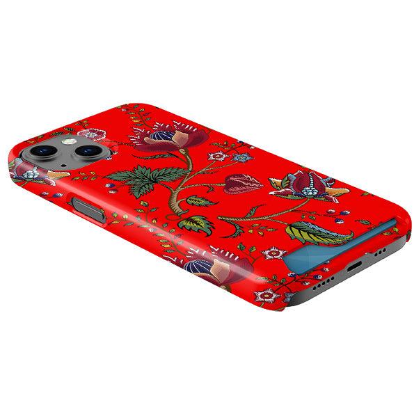 Red hard plastic phone case with a vibrant floral pattern and a convenient sliding hidden card slot on the back.
