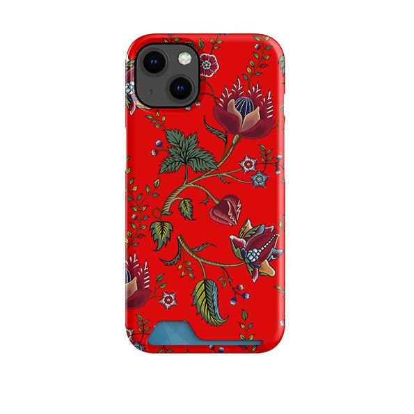 Red phone case with a floral botanical print and a convenient hidden card slot at the bottom.