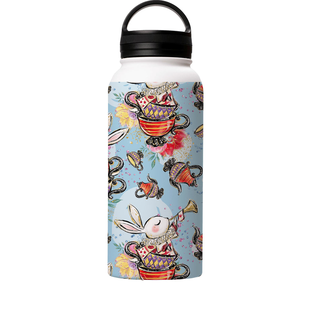 Water Bottles-Tea Party Insulated Stainless Steel Water Bottle-32oz (945ml)-handle cap-Insulated Steel Water Bottle Our insulated stainless steel bottle comes in 3 sizes- Small 12oz (350ml), Medium 18oz (530ml) and Large 32oz (945ml) . It comes with a leak proof cap Keeps water cool for 24 hours Also keeps things warm for up to 12 hours Choice of 3 lids ( Sport Cap, Handle Cap, Flip Cap ) for easy carrying Dishwasher Friendly Lightweight, durable and easy to carry Reusable, so it's safe for the 