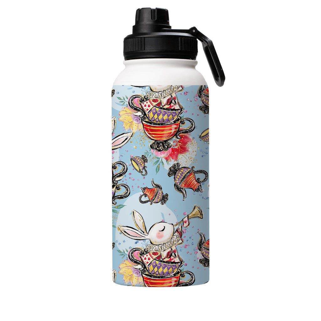 Water Bottles-Tea Party Insulated Stainless Steel Water Bottle-32oz (945ml)-Sport cap-Insulated Steel Water Bottle Our insulated stainless steel bottle comes in 3 sizes- Small 12oz (350ml), Medium 18oz (530ml) and Large 32oz (945ml) . It comes with a leak proof cap Keeps water cool for 24 hours Also keeps things warm for up to 12 hours Choice of 3 lids ( Sport Cap, Handle Cap, Flip Cap ) for easy carrying Dishwasher Friendly Lightweight, durable and easy to carry Reusable, so it's safe for the p