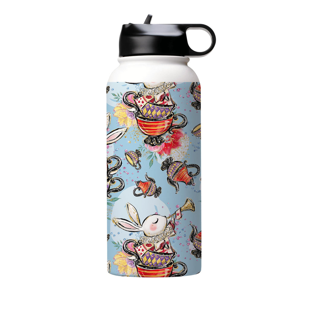 Water Bottles-Tea Party Insulated Stainless Steel Water Bottle-32oz (945ml)-Flip cap-Insulated Steel Water Bottle Our insulated stainless steel bottle comes in 3 sizes- Small 12oz (350ml), Medium 18oz (530ml) and Large 32oz (945ml) . It comes with a leak proof cap Keeps water cool for 24 hours Also keeps things warm for up to 12 hours Choice of 3 lids ( Sport Cap, Handle Cap, Flip Cap ) for easy carrying Dishwasher Friendly Lightweight, durable and easy to carry Reusable, so it's safe for the pl