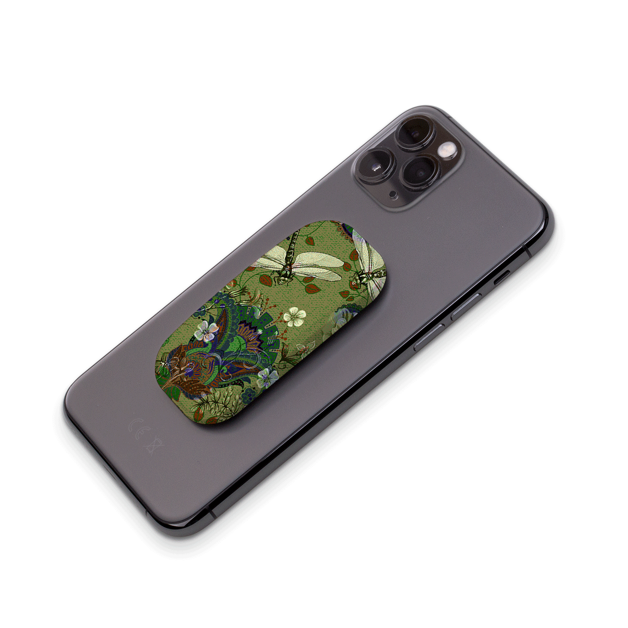 The Vyne phone stand in a green dragonfly and floral pattern attached to the back of a grey smartphone.