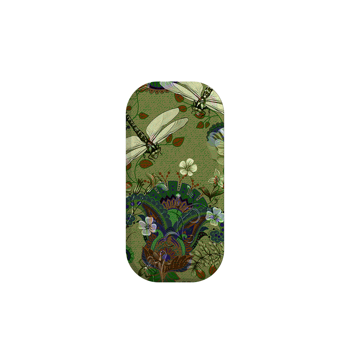 Vyne phone stand with a green botanical print featuring dragonflies and intricate floral patterns in a slim, rounded design.