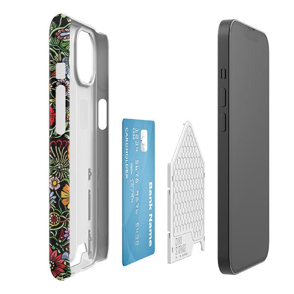 Verona floral slider phone case with a hidden card slot, credit card, and protective inner shell for smartphones.