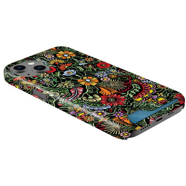 Hard plastic phone case with a vibrant black floral pattern and a convenient hidden card slot at the bottom.
