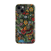 Hard plastic phone case with a colorful floral pattern on a black background and a bottom slot for a credit card.