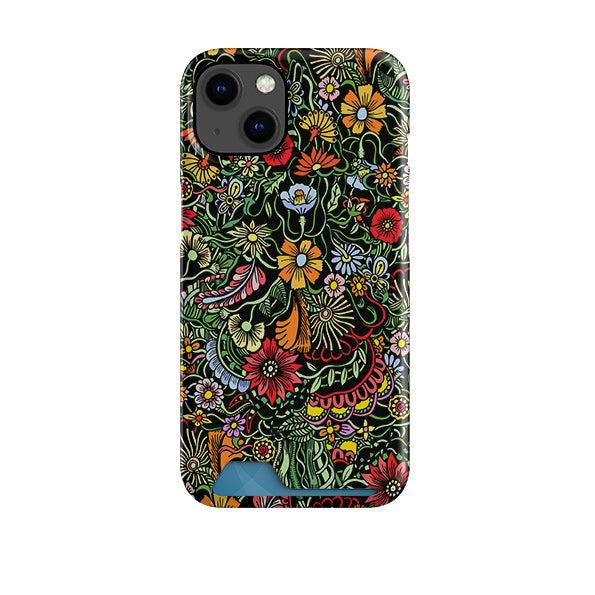 Hard plastic phone case with a colorful floral pattern on a black background and a bottom slot for a credit card.