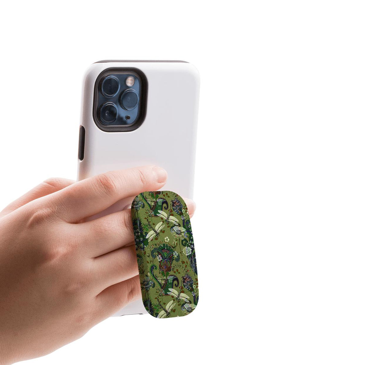 Vyne pattern phone stand with a green dragonfly and floral design attached to the back of a white smartphone.
