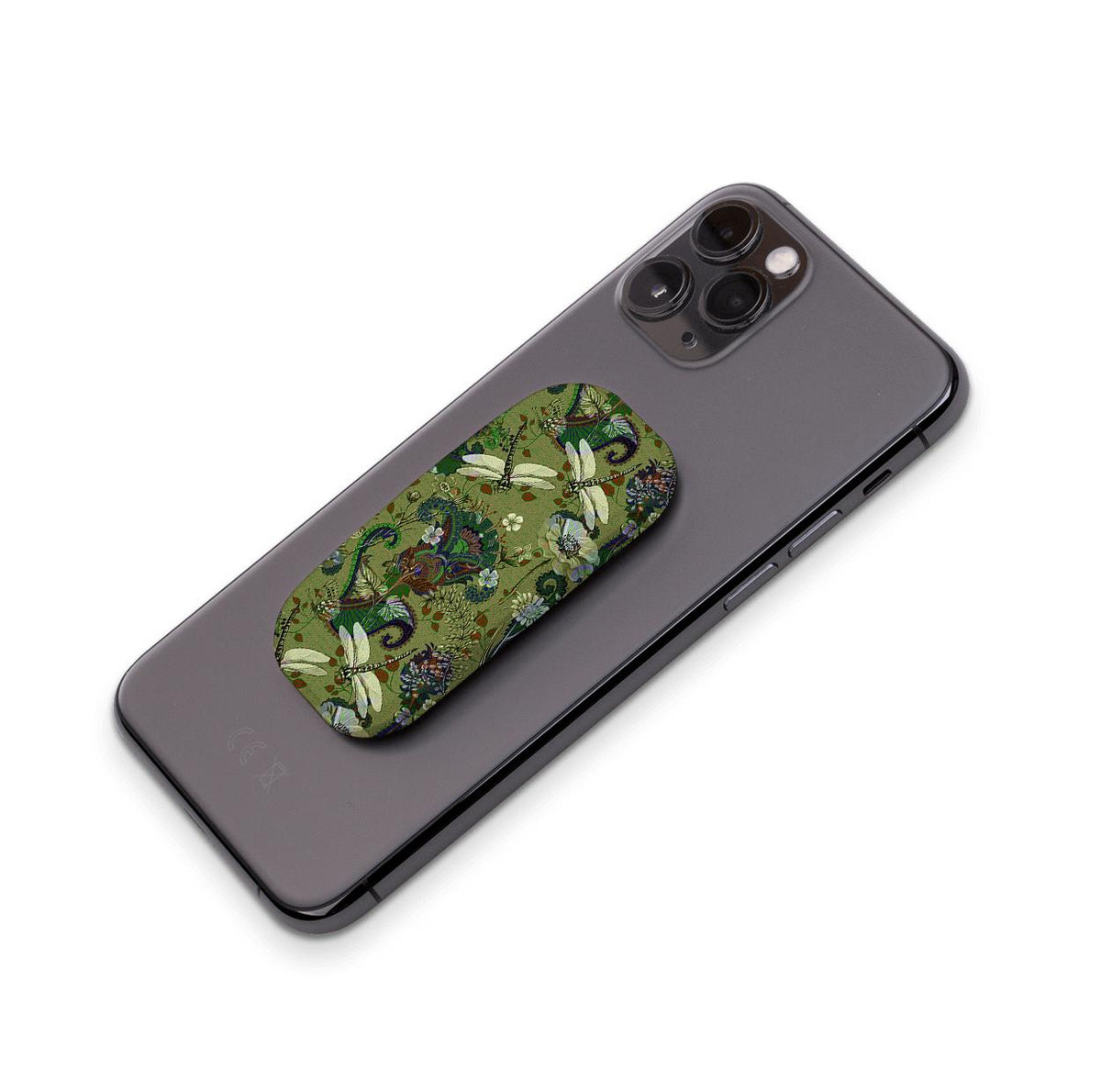 Vyne pattern Clickit phone stand with a green dragonfly and floral print attached to the back of a black smartphone.