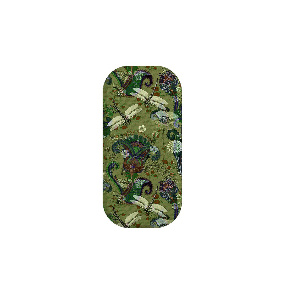 Vyne pattern phone stand featuring a green botanical print with dragonflies, flowers, and intricate paisley details.