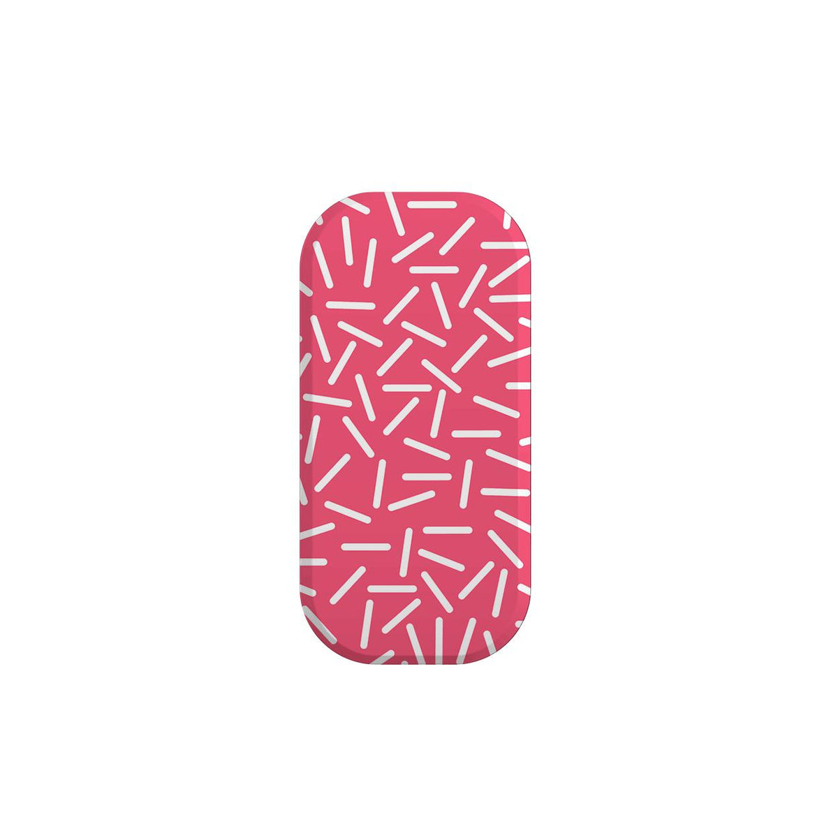 Rectangular peach phone stand with a white confetti sprinkle pattern for a secure grip and hands-free viewing.