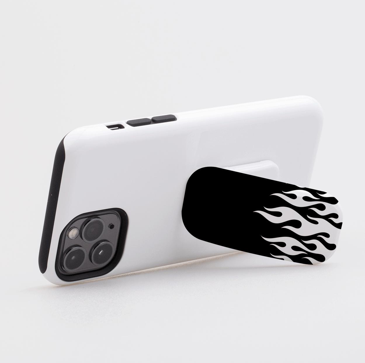 White Flames Black Phone Stand