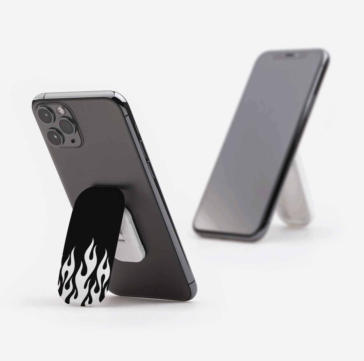 White Flames Black Phone Stand