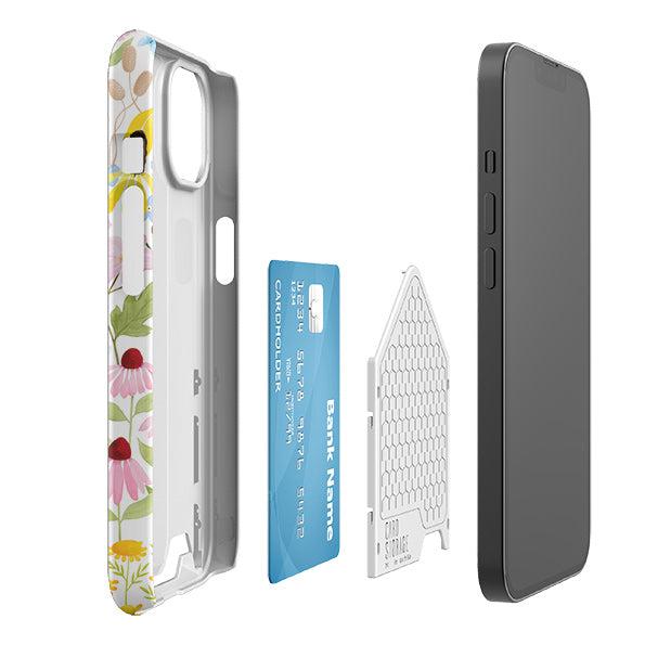 Wildflower pattern phone case with a hidden card slot, plastic slider shell, and space for one credit card.