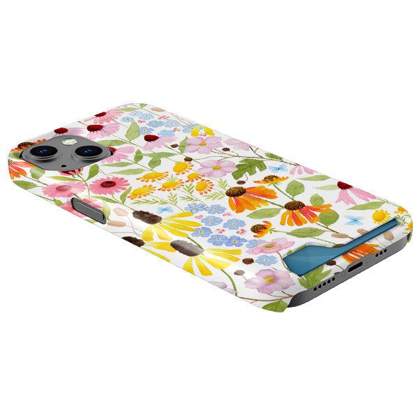 Hard plastic phone case with a colorful wildflower pattern and a convenient hidden card slot at the bottom.