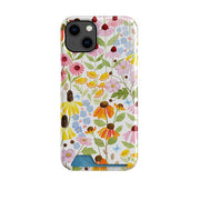 Hard plastic phone case featuring a colorful wildflower watercolor print and a convenient bottom card slot.