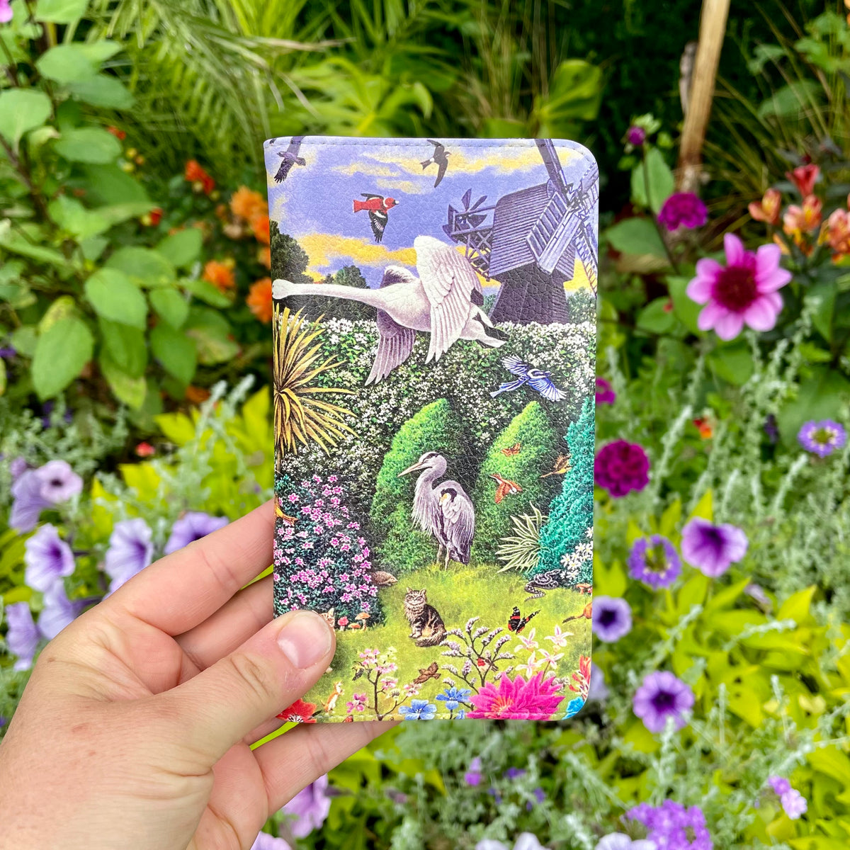 Vegan leather folio phone case featuring Philip Hood's colorful Wimbledon Garden artwork with a satin finish.